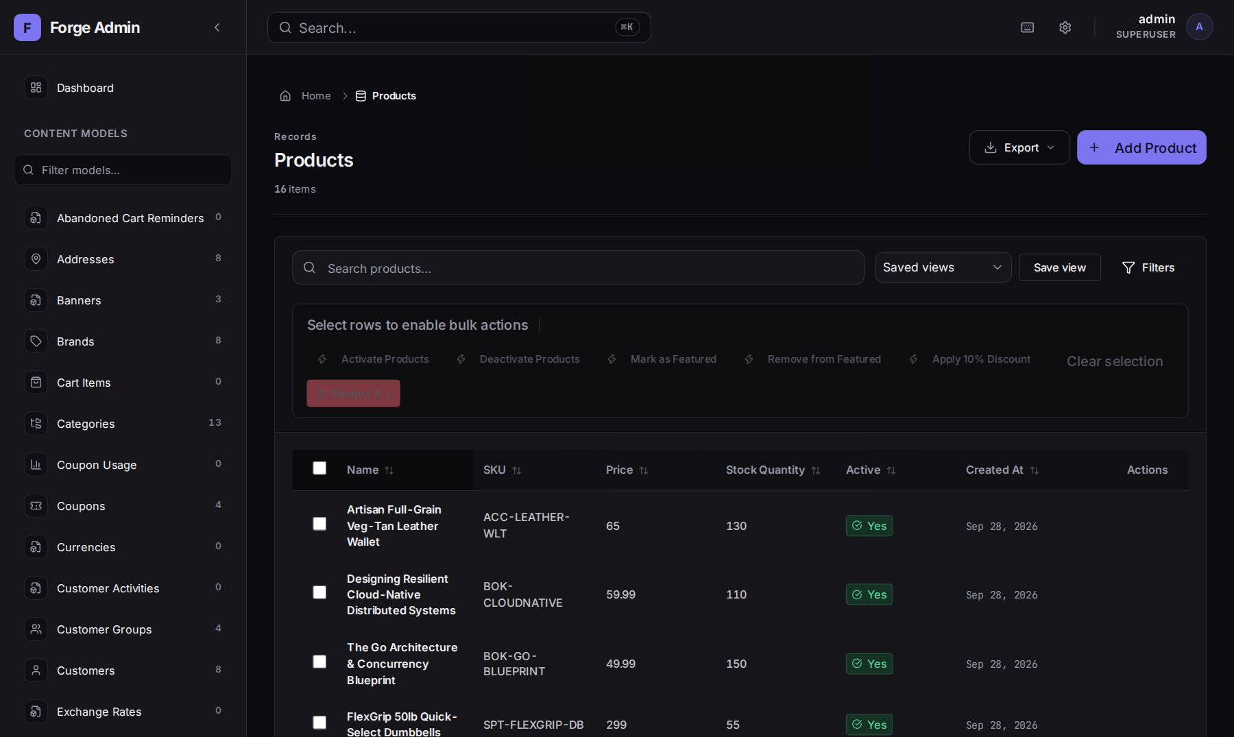 Forge admin showing the product list from the ecommerce example