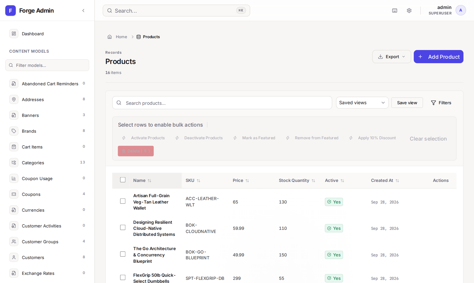 Forge admin showing the product list from the ecommerce example